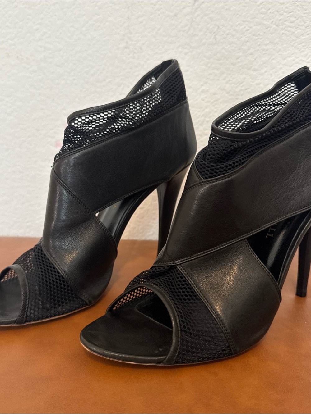 Loeffler Randall Black Leather & Mesh Open-Toe Stilettos